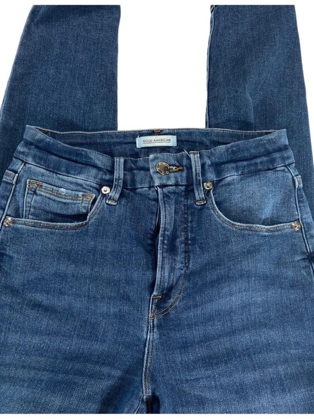 Good American Straight Leg Distressed Hem Blue Jeans